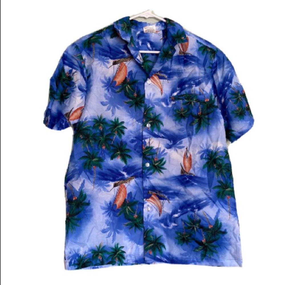 Vintage Kalena Fashions of HAWAII Hawaiian Shirt Blue With Sail Boat Palm Trees